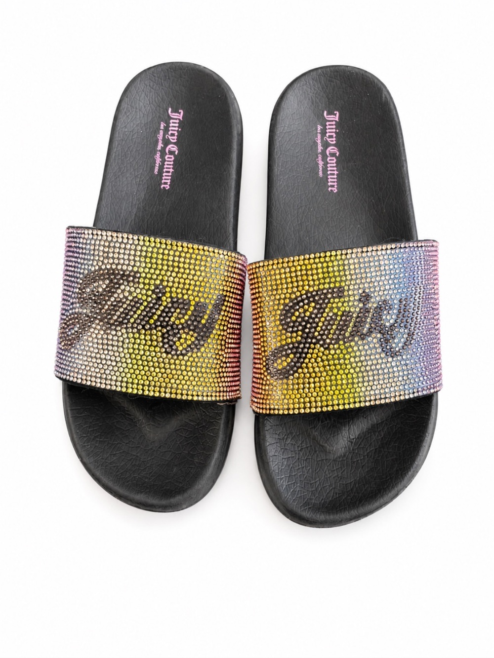 Juicy Couture Girls Y2K Rainbow Rhinestone Logo Slide Sandals Size 4